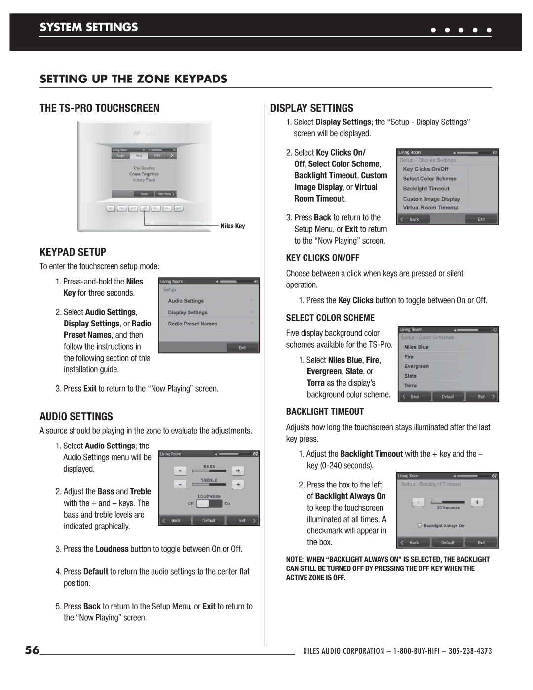 Niles Audio ZR-6 manual TS-PRO Touchscreen, Keypad Setup, Audio Settings, Display Settings 