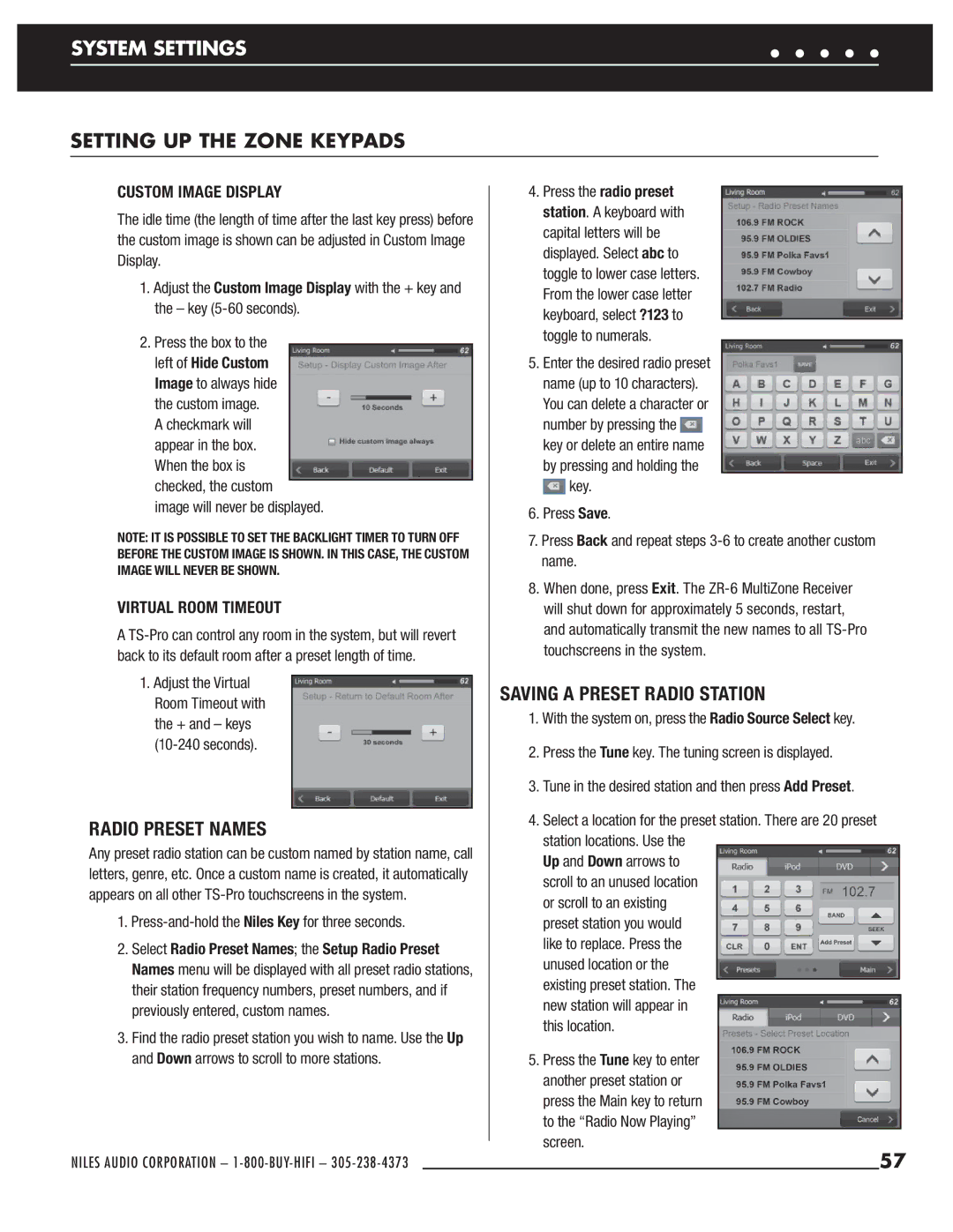 Niles Audio ZR-6 manual Radio Preset Names, Saving a Preset Radio Station, Custom Image Display, Virtual Room Timeout 