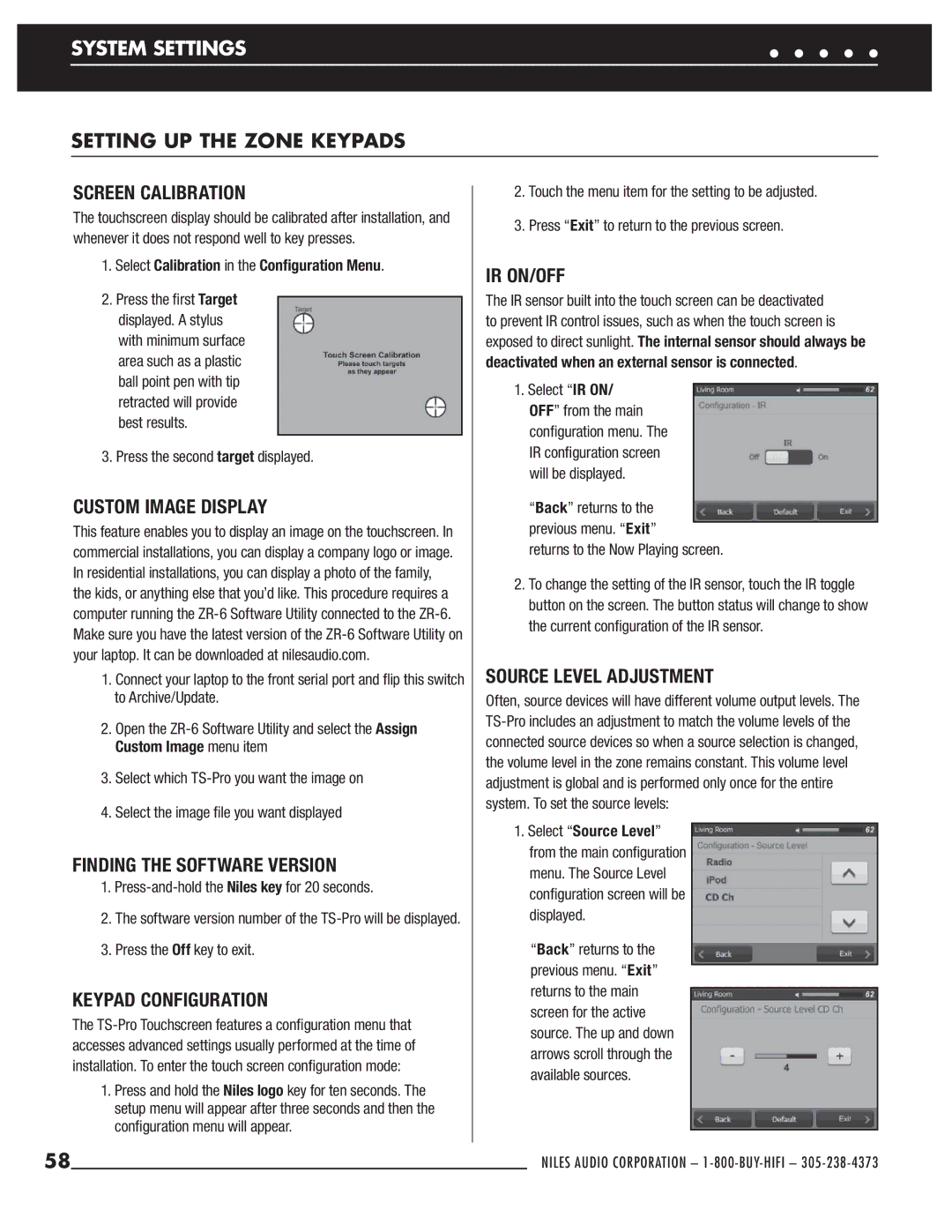 Niles Audio ZR-6 Screen Calibration, Custom Image Display, Finding the Software Version, Keypad Configuration, Ir On/Off 