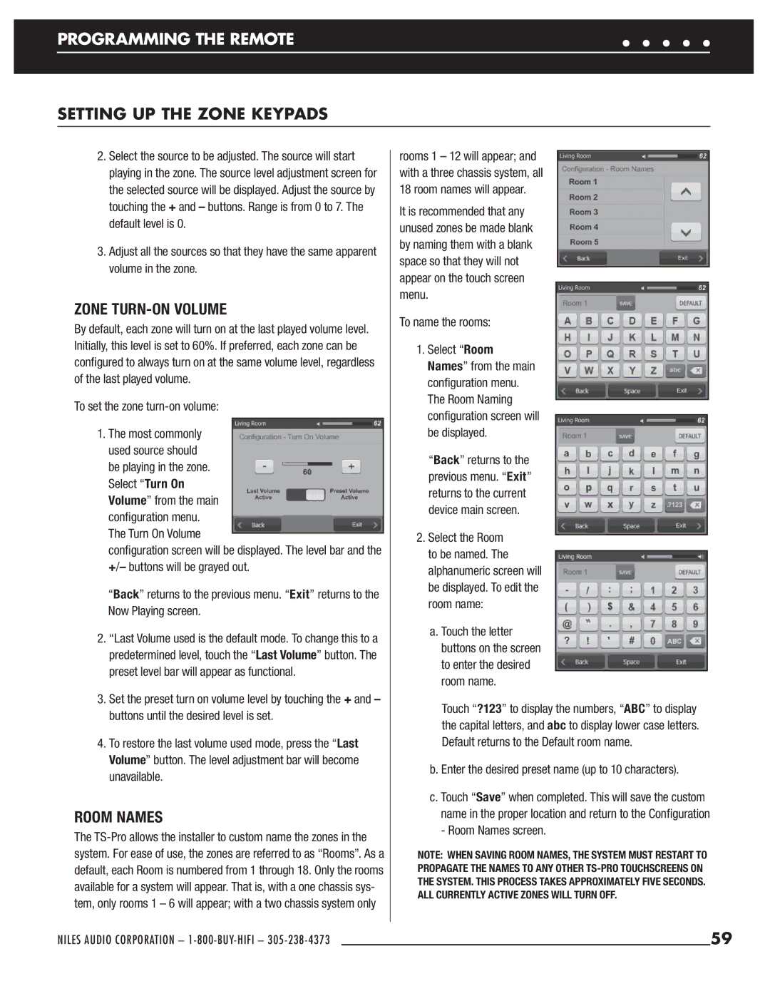 Niles Audio ZR-6 manual Programming the Remote, Zone TURN-ON Volume, Room Names, To set the zone turn-on volume 