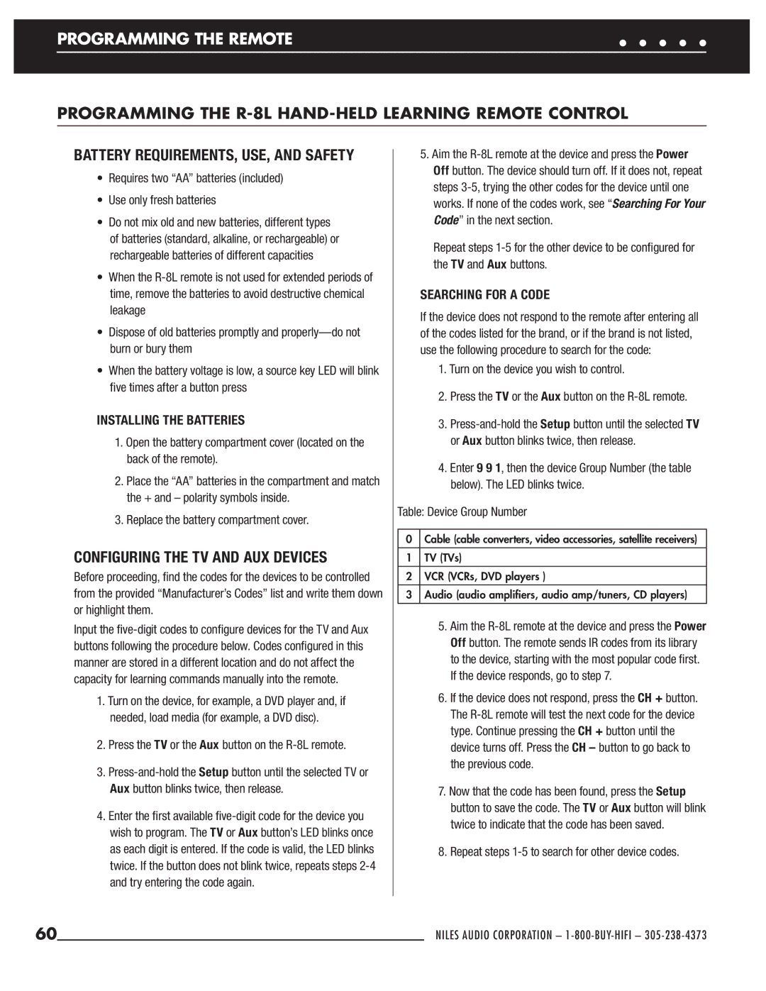 Niles Audio ZR-6 manual Programming the R-8L HAND-HELD Learning Remote Control, Configuring the TV and AUX Devices 