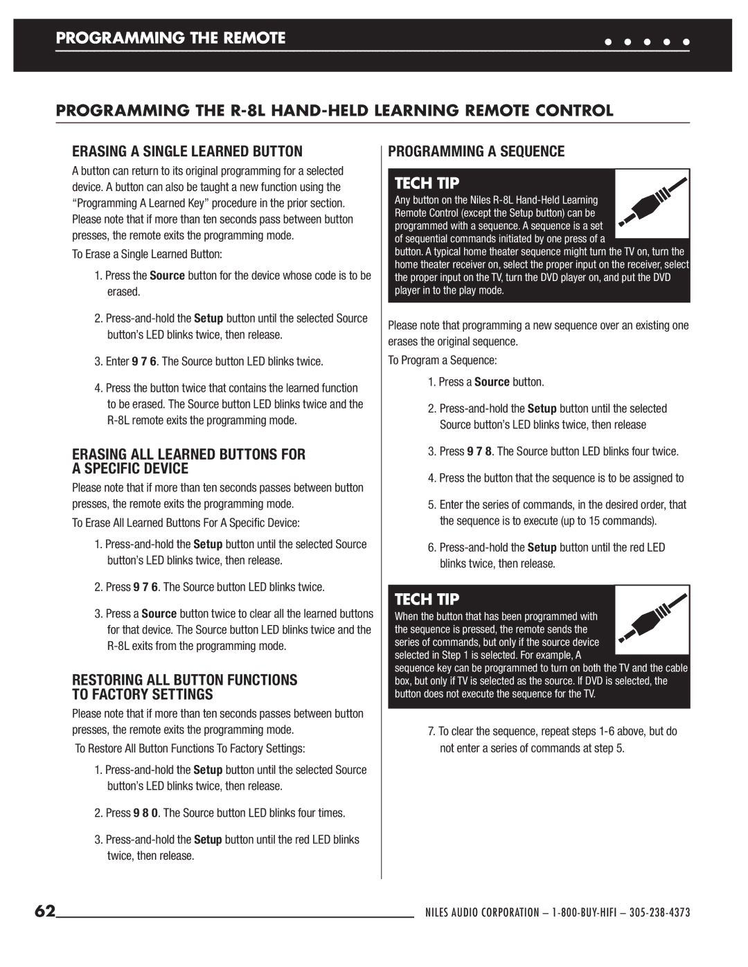 Niles Audio ZR-6 manual Erasing a Single Learned Button, Restoring ALL Button Functions To Factory Settings 