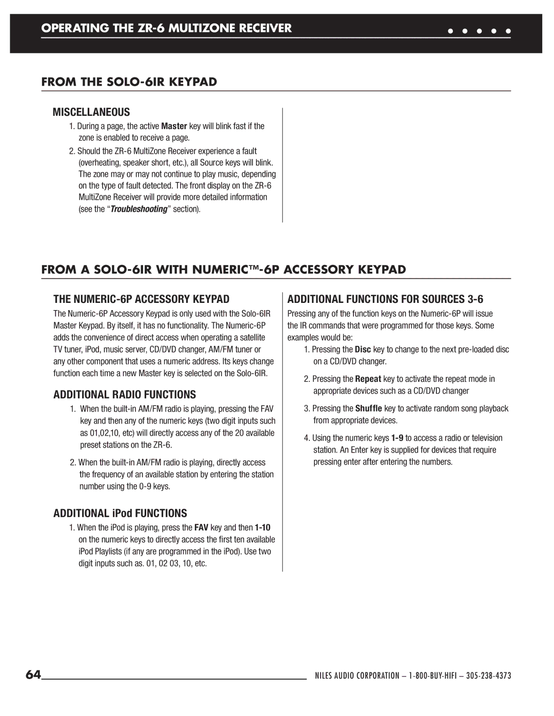 Niles Audio ZR-6 manual Miscellaneous, From a SOLO-6IR with NUMERIC-6P Accessory Keypad, Additional Radio Functions 