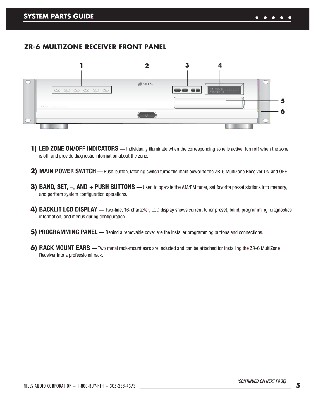 Niles Audio manual System Parts Guide, ZR-6 Multizone Receiver Front Panel 