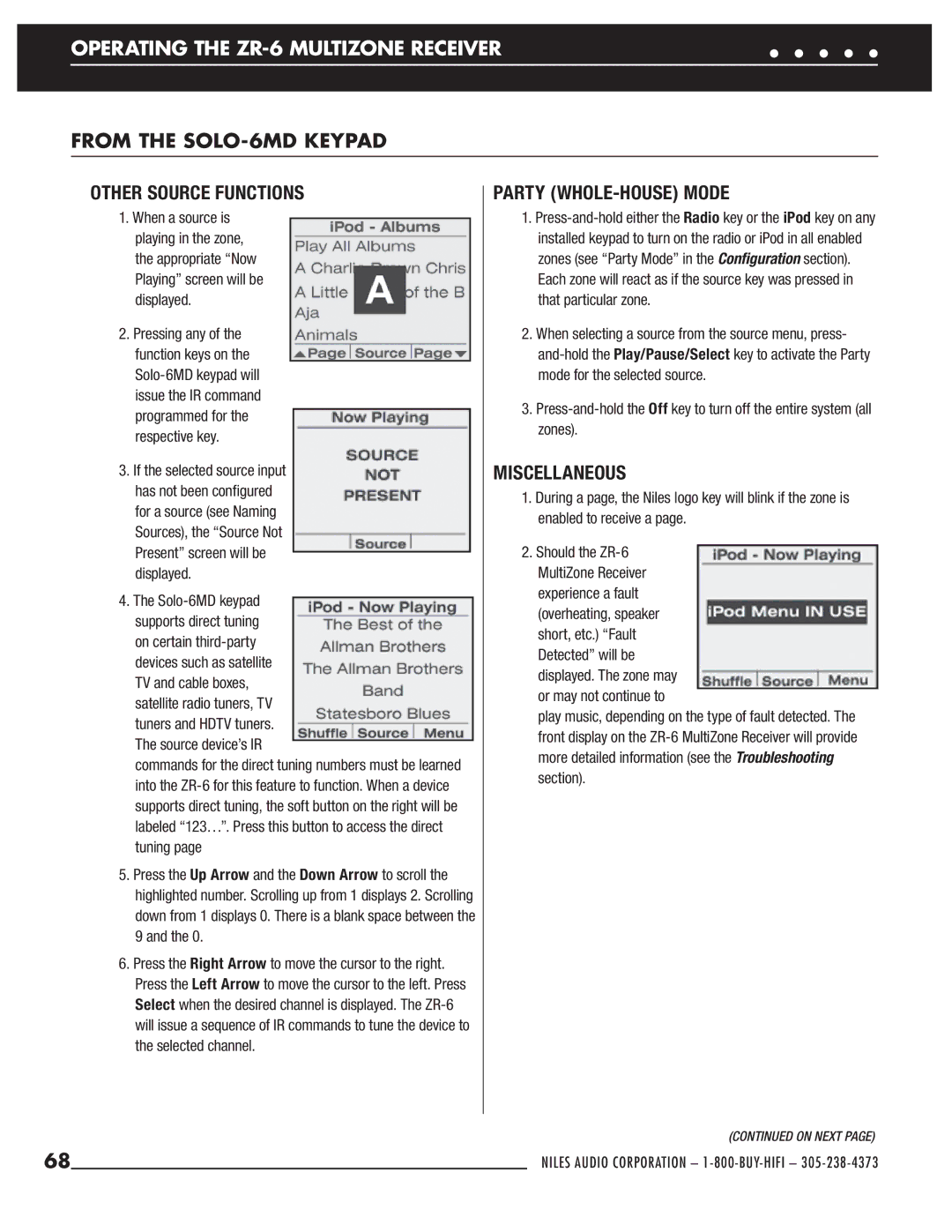 Niles Audio ZR-6 manual Other Source Functions, Party WHOLE-HOUSE Mode 