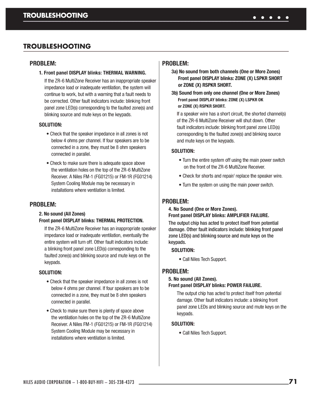 Niles Audio ZR-6 manual Troubleshooting, Problem, Solution 