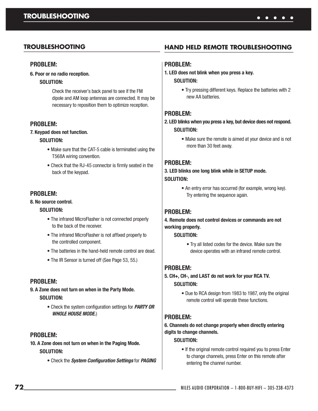 Niles Audio ZR-6 manual Poor or no radio reception, Keypad does not function, No source control 