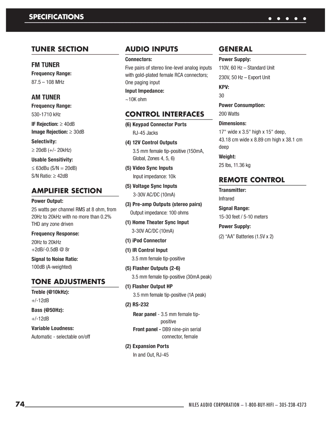 Niles Audio ZR-6 manual Specifications 