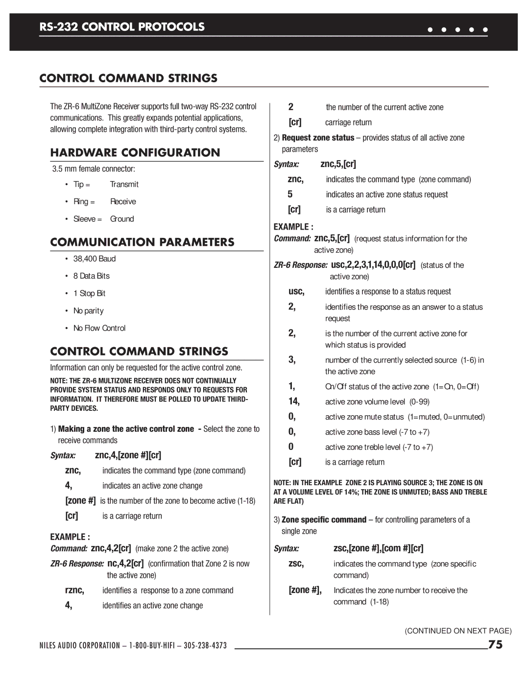 Niles Audio ZR-6 manual RS-232 Control Protocols, Control Command Strings, Hardware Configuration, Communication Parameters 