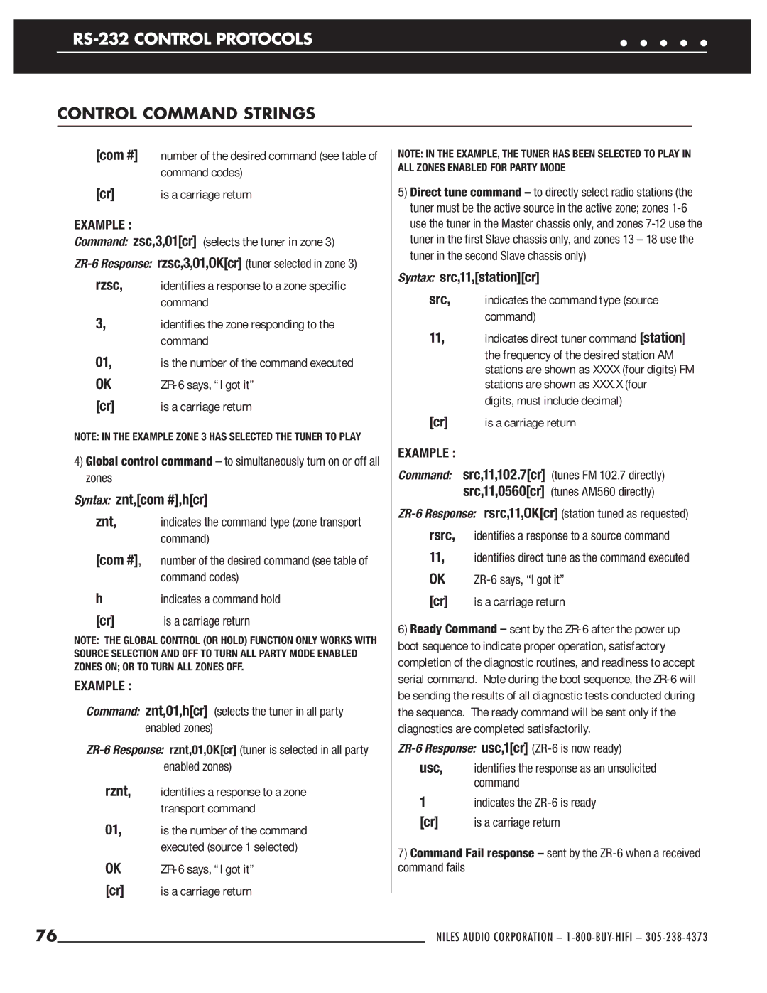 Niles Audio Command zsc,3,01cr selects the tuner in zone, ZR-6 says, I got it, Is a carriage return, Transport command 