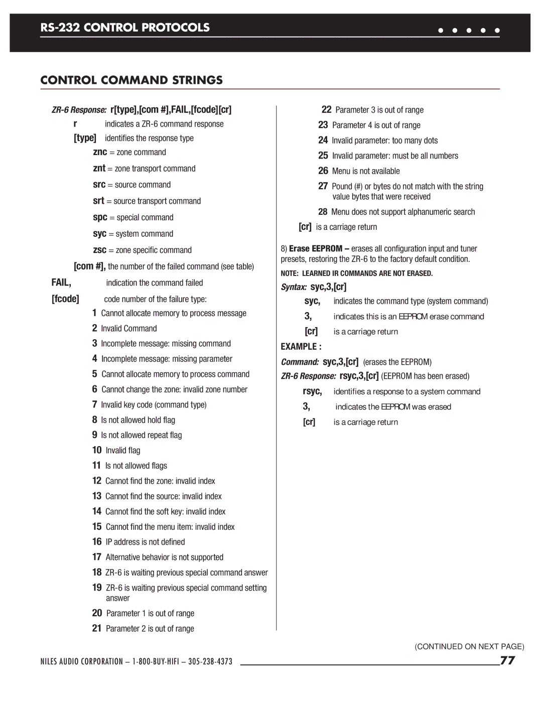 Niles Audio ZR-6 manual Znc = zone command, Syc = system command Zsc = zone specific command 