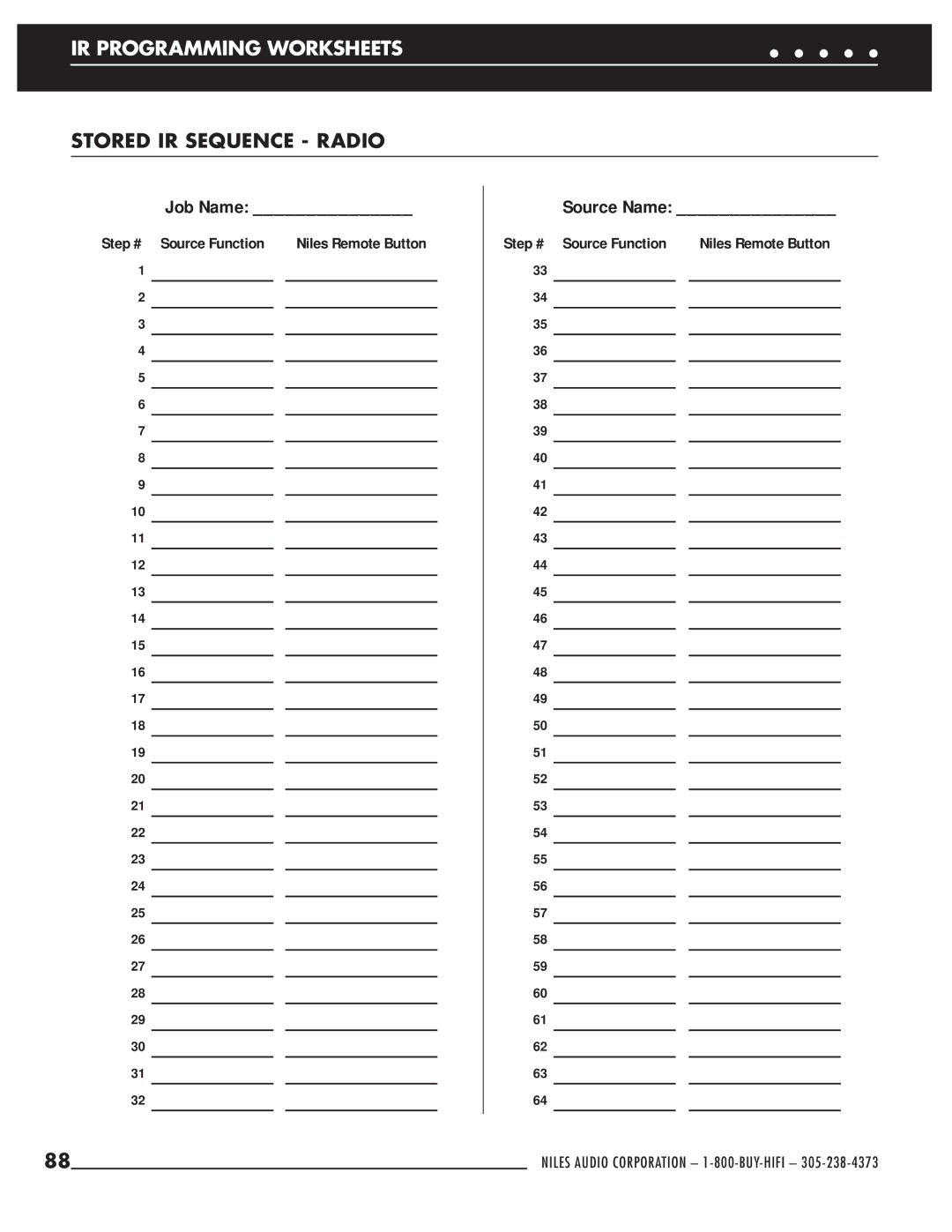 Niles Audio ZR-6 manual IR Programming Worksheets, Stored IR Sequence Radio 