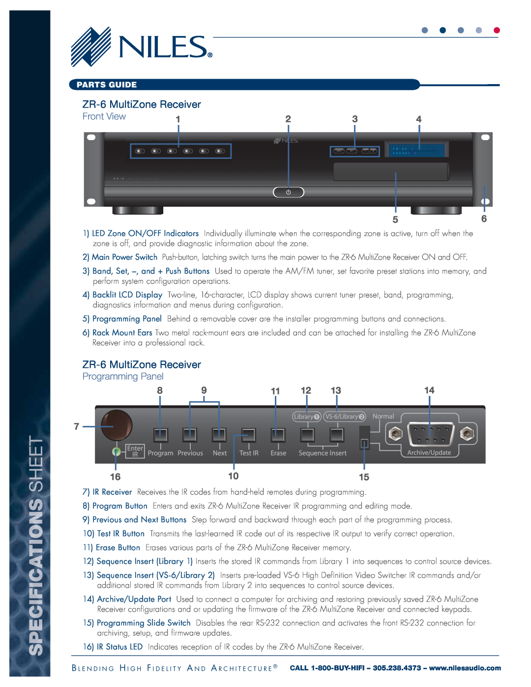 Niles Audio manual ZR-6MultiZone Receiver, Programming Panel, Specifications Sheet 