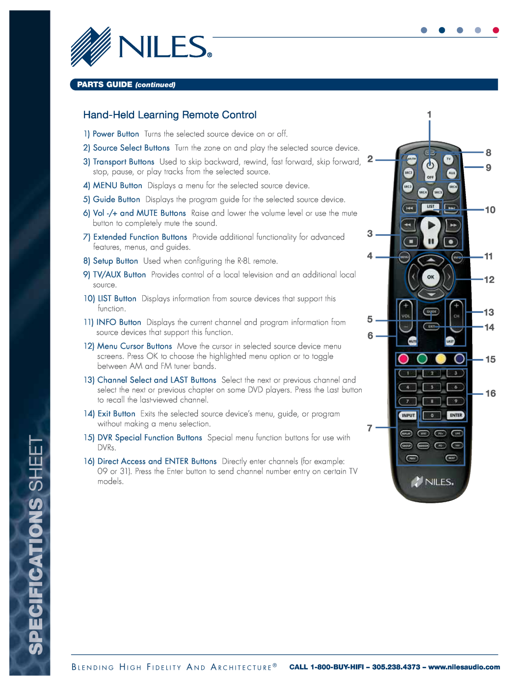 Niles Audio ZR-6 Hand-HeldLearning Remote Control, PARTS GUIDE continued, Specifications Sheet, 8 9 10 11 12 13 14 15 