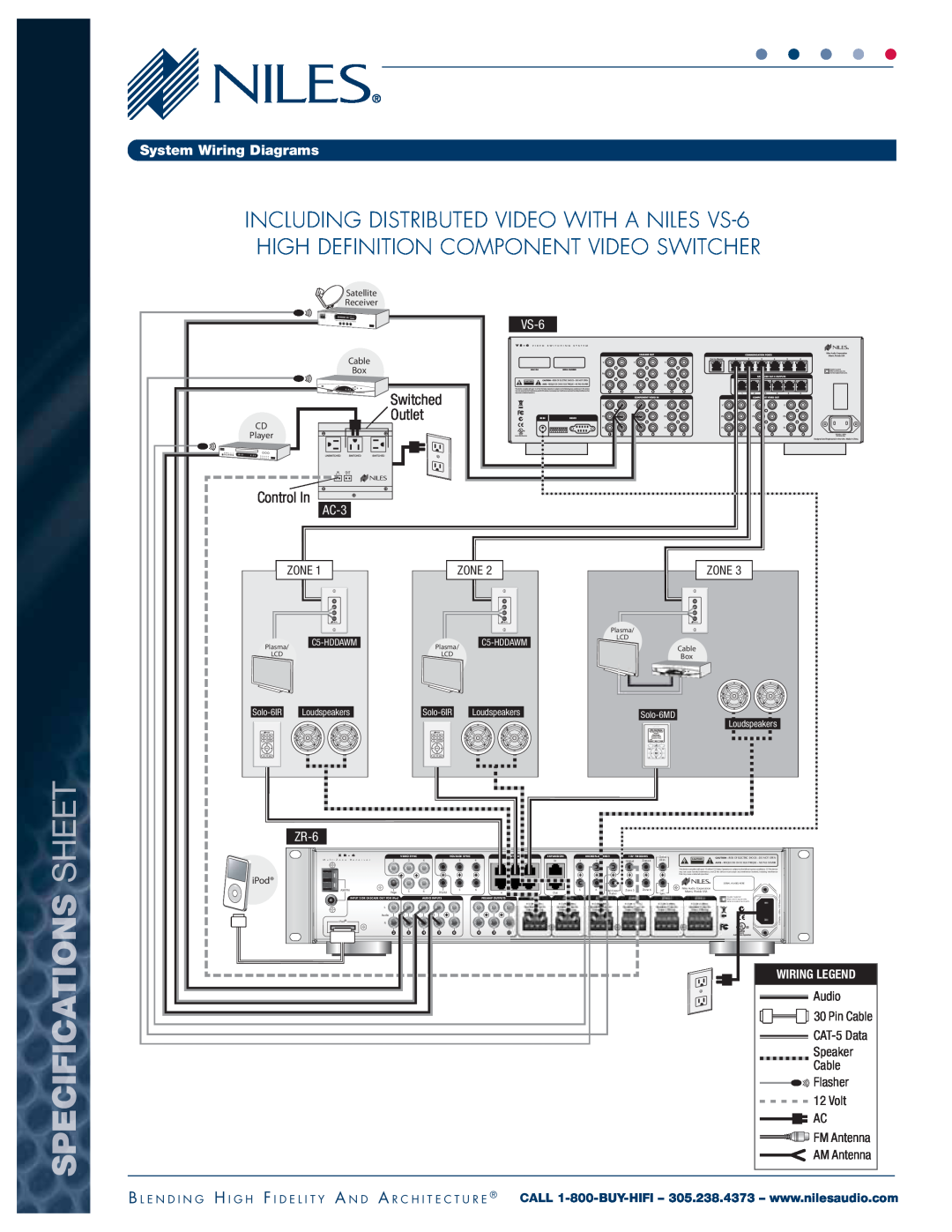 Niles Audio ZR-6 Specifications Sheet, Switched, Outlet, Control In, System Wiring Diagrams, VS-6, AC-3, Zone, C5-HDDAWM 