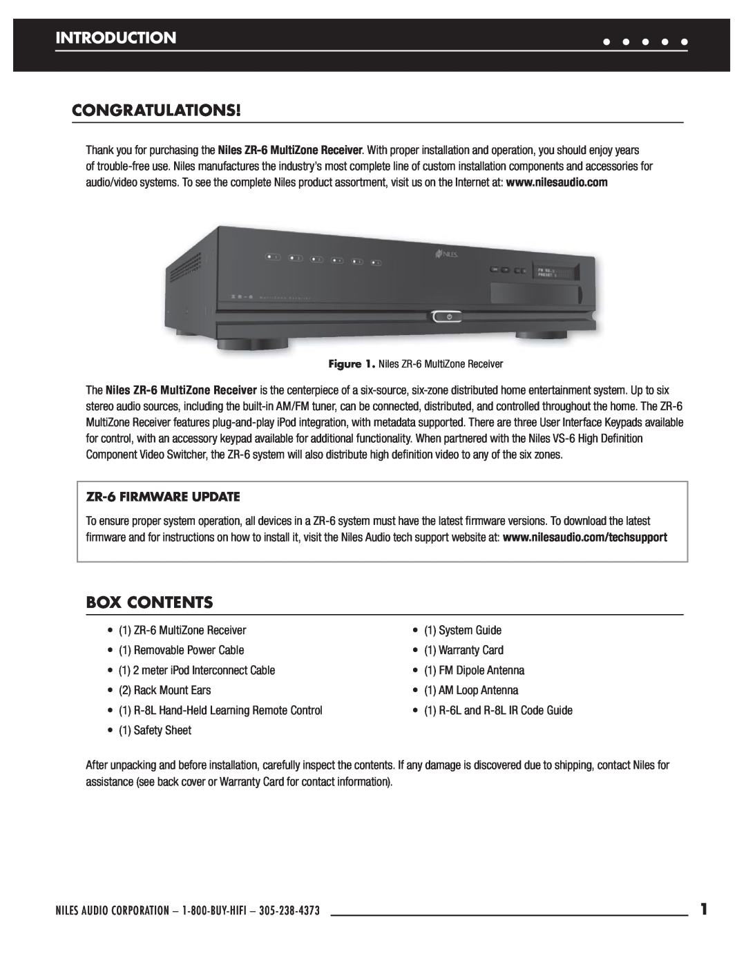 Niles Audio manual Introduction, Congratulations, Box Contents, ZR-6FIRMWARE UPDATE 