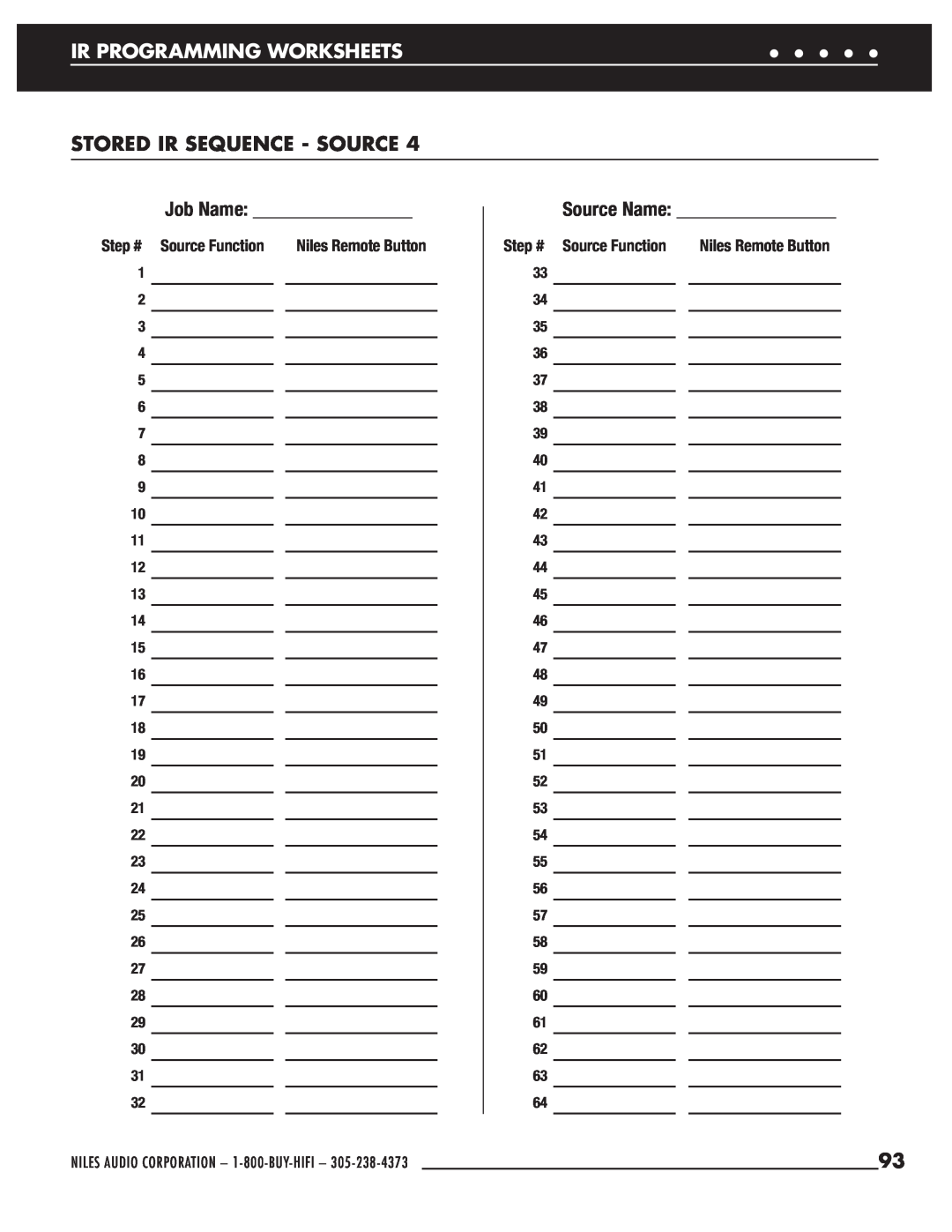 Niles Audio ZR-6 Ir Programming Worksheets, Stored Ir Sequence - Source, Job Name: _______________, Step # Source Function 