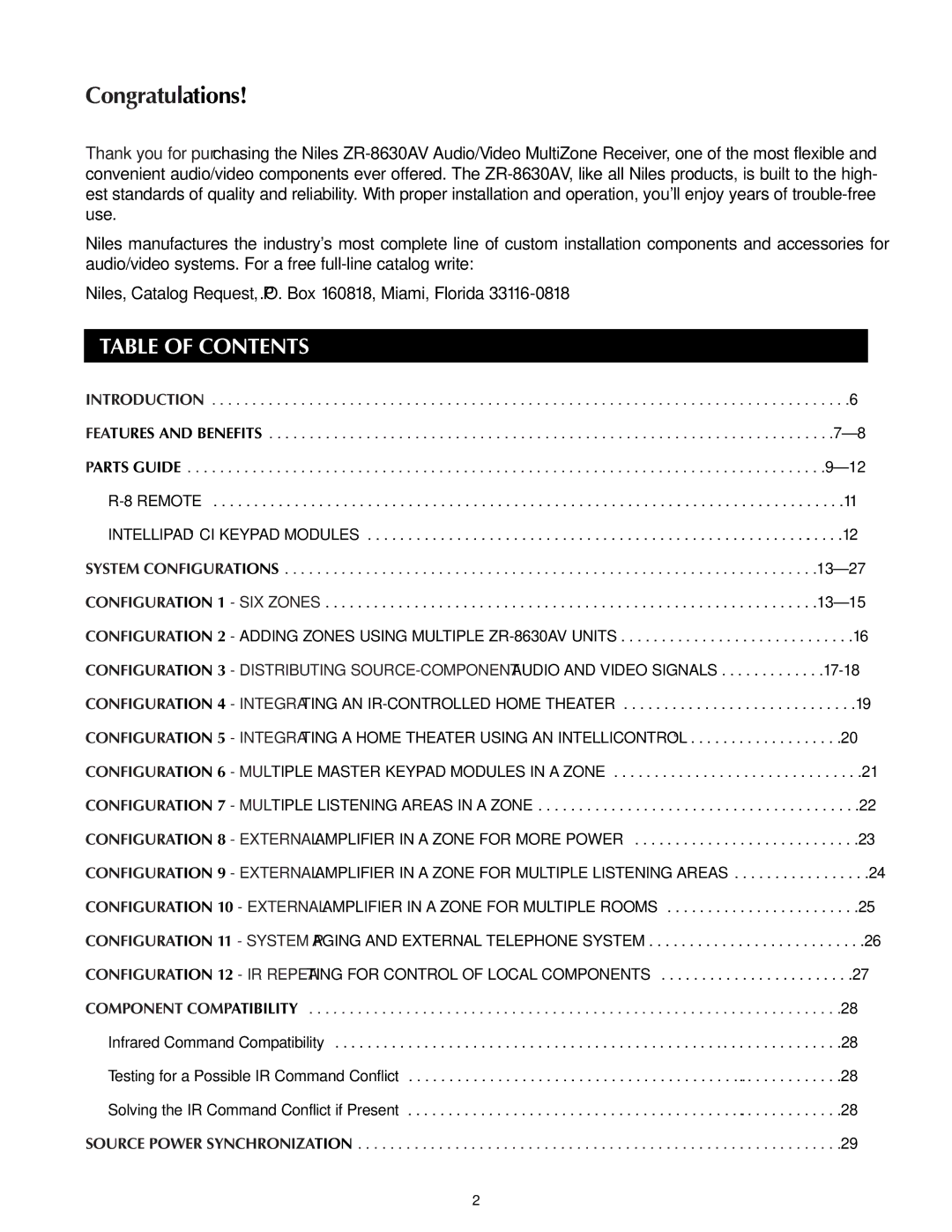 Niles Audio ZR-8630AVZR-8630AV manual Congratulations, Table of Contents 