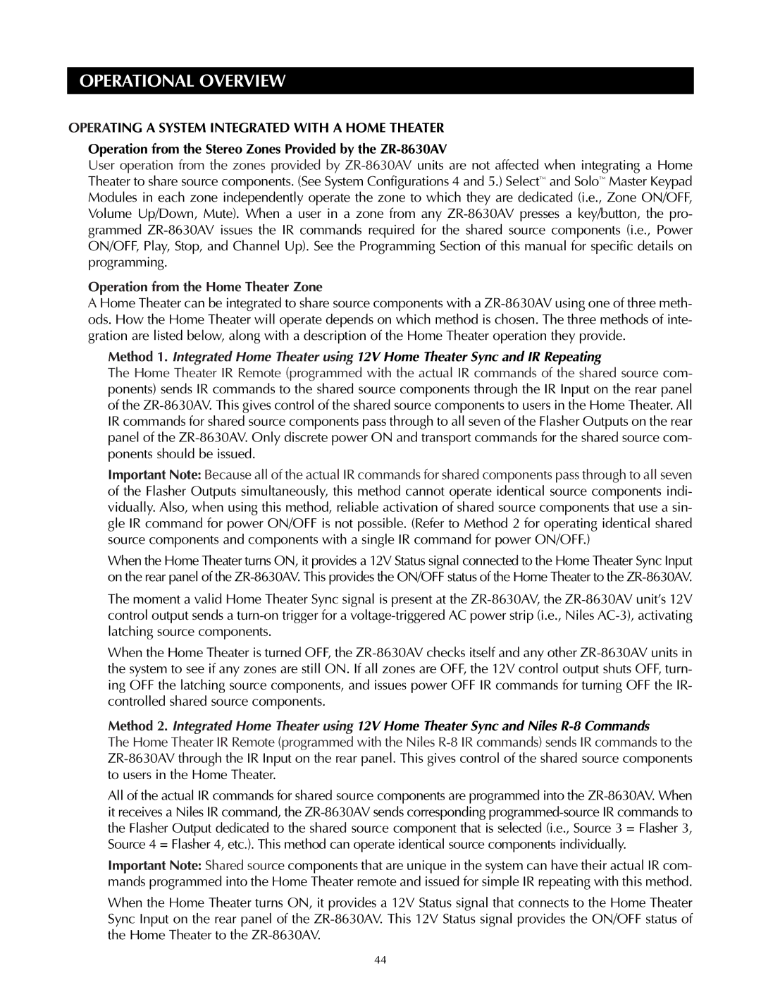 Niles Audio ZR-8630AVZR-8630AV Operating a System Integrated with a Home Theater, Operation from the Home Theater Zone 