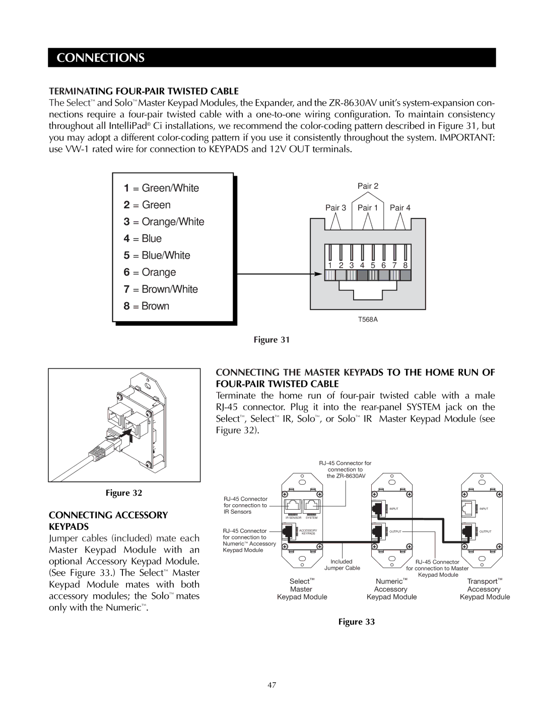 Niles Audio ZR-8630AVZR-8630AV manual Terminating FOUR-PAIR Twisted Cable, Connecting Accessory Keypads 