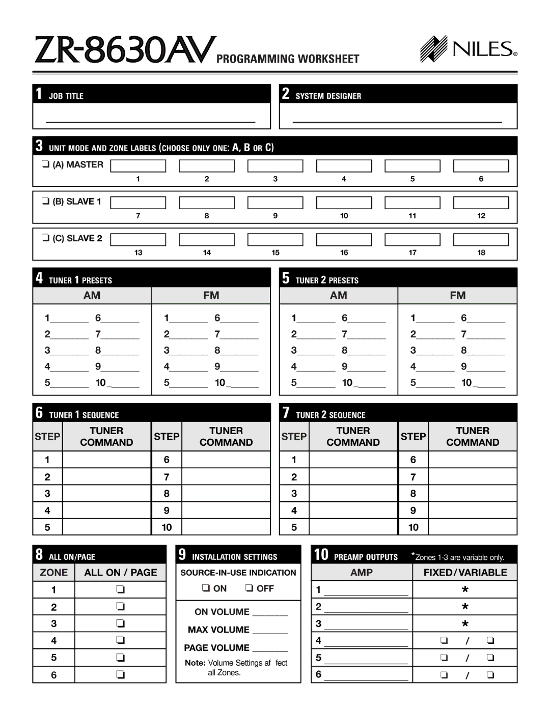 Niles Audio ZR-8630AVZR-8630AV manual Programming Worksheet 