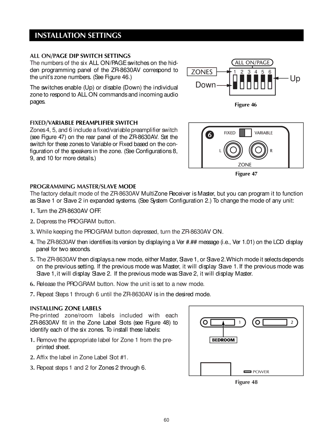 Niles Audio ZR-8630AVZR-8630AV Installation Settings, ALL ON/PAGE DIP Switch Settings, FIXED/VARIABLE Preamplifier Switch 