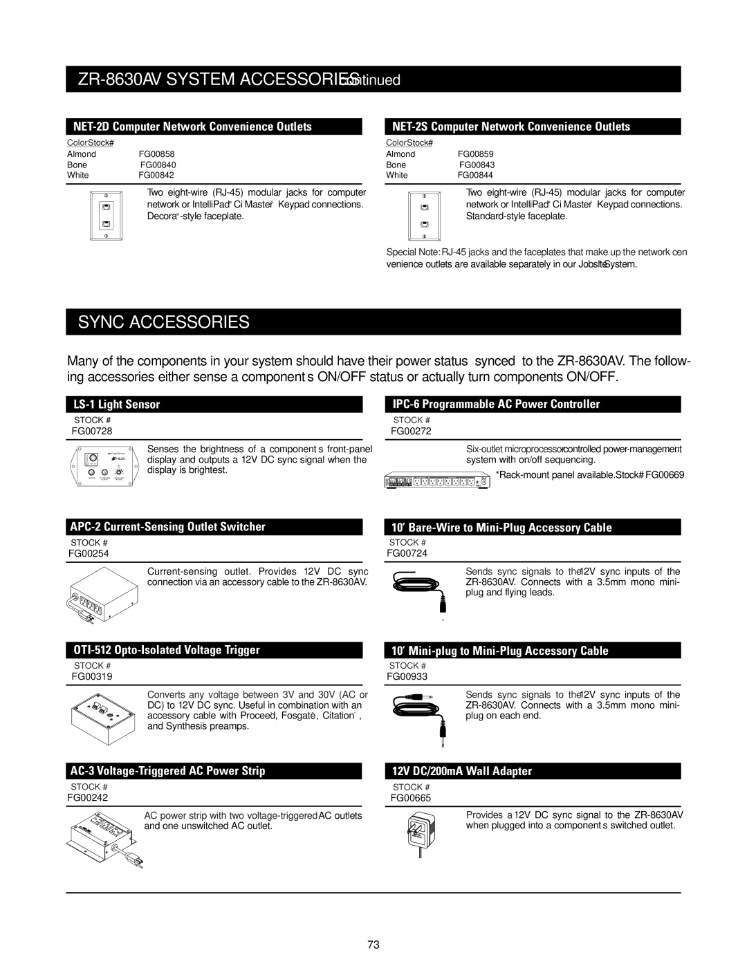 Niles Audio ZR-8630AVZR-8630AV manual ZR-8630AV System Accessories, Sync Accessories 