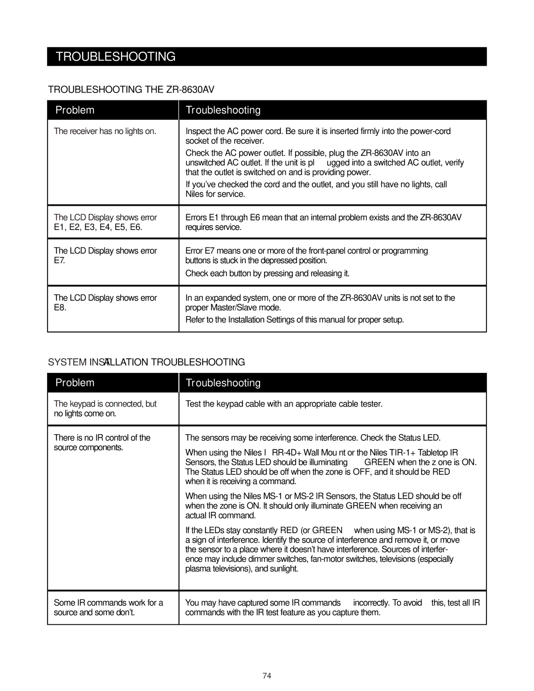 Niles Audio ZR-8630AVZR-8630AV manual Troubleshooting the ZR-8630AV, System Installation Troubleshooting 