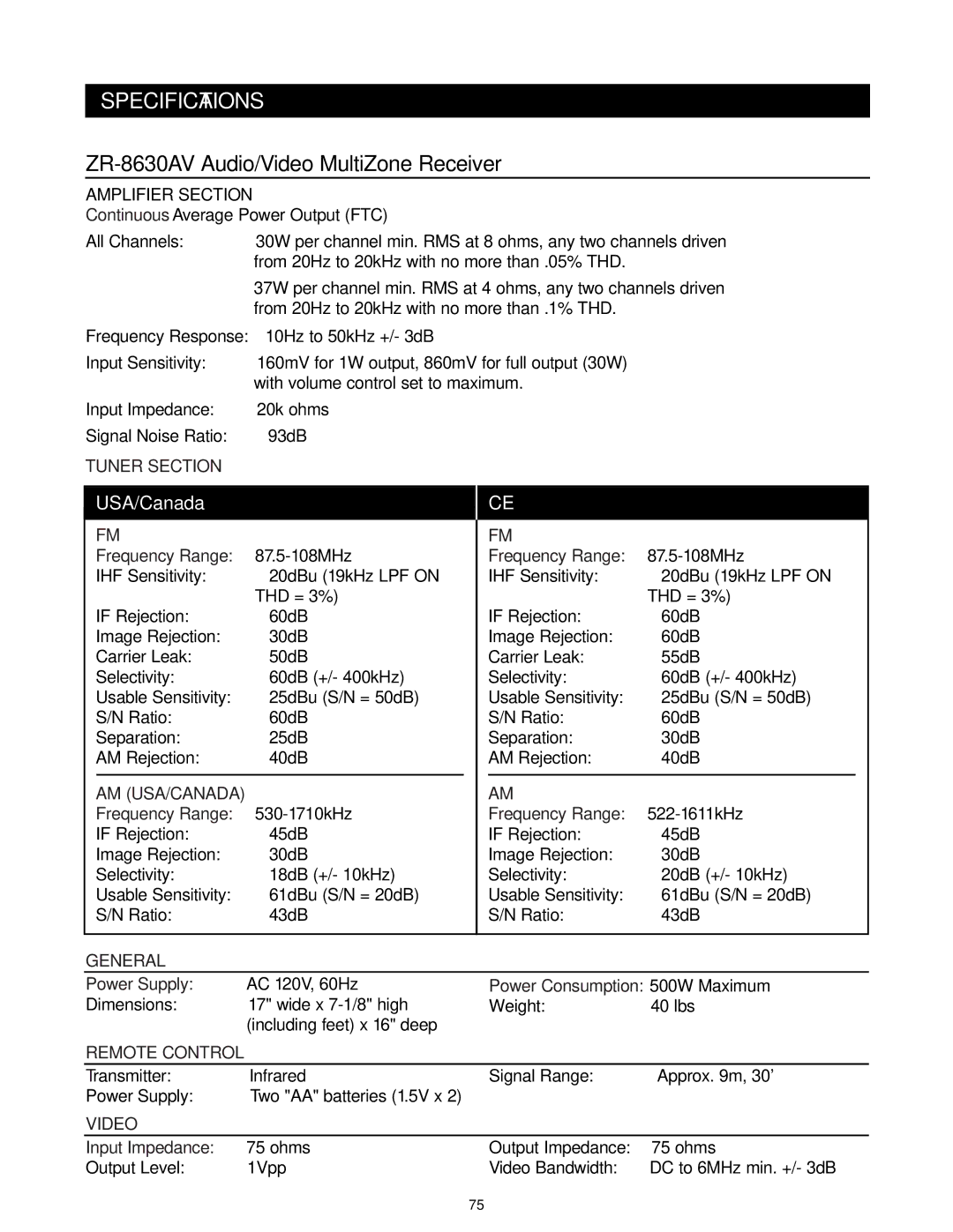 Niles Audio ZR-8630AVZR-8630AV manual Specifications, Tuner Section, Am Usa/Canada, General, Video 