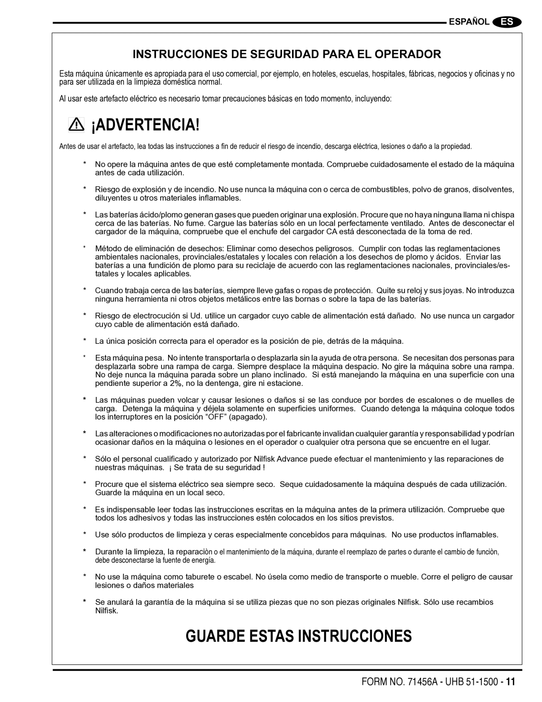 Nilfisk-Advance America 01610A manual ¡Advertencia, Guarde Estas Instrucciones 