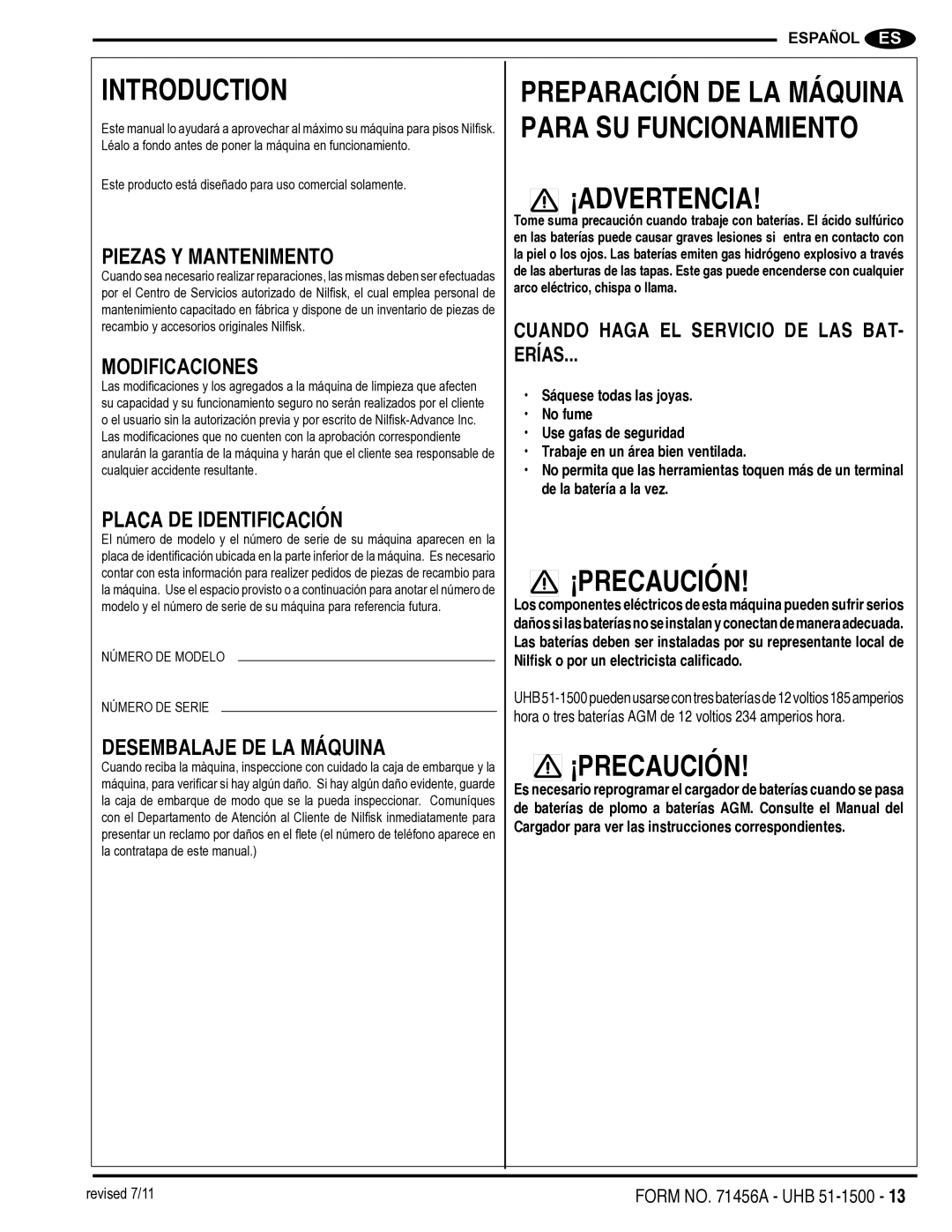 Nilfisk-Advance America 01610A manual ¡Advertencia, ¡Precaución, Modificaciones 