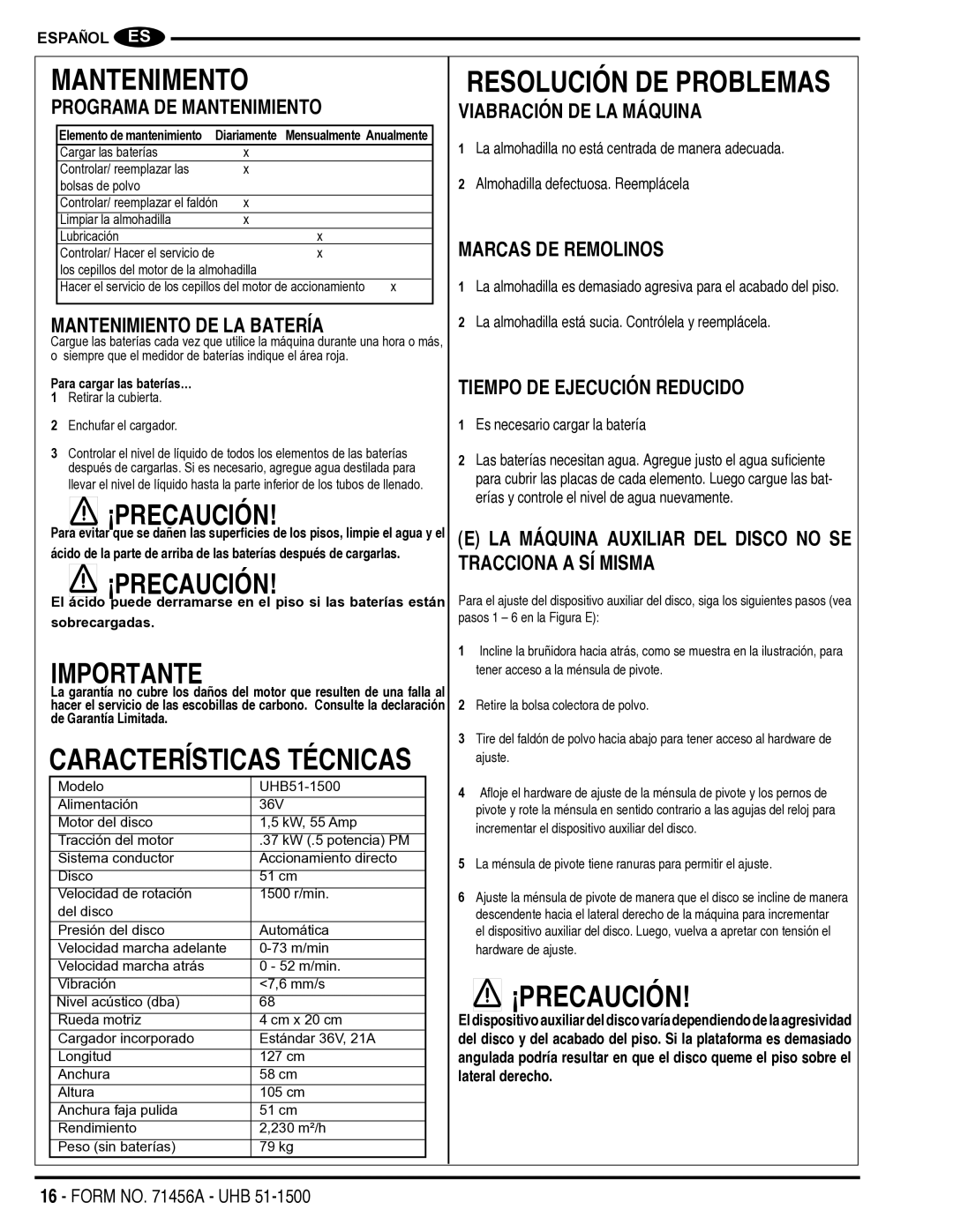 Nilfisk-Advance America 01610A manual Mantenimento, Resolución DE Problemas 