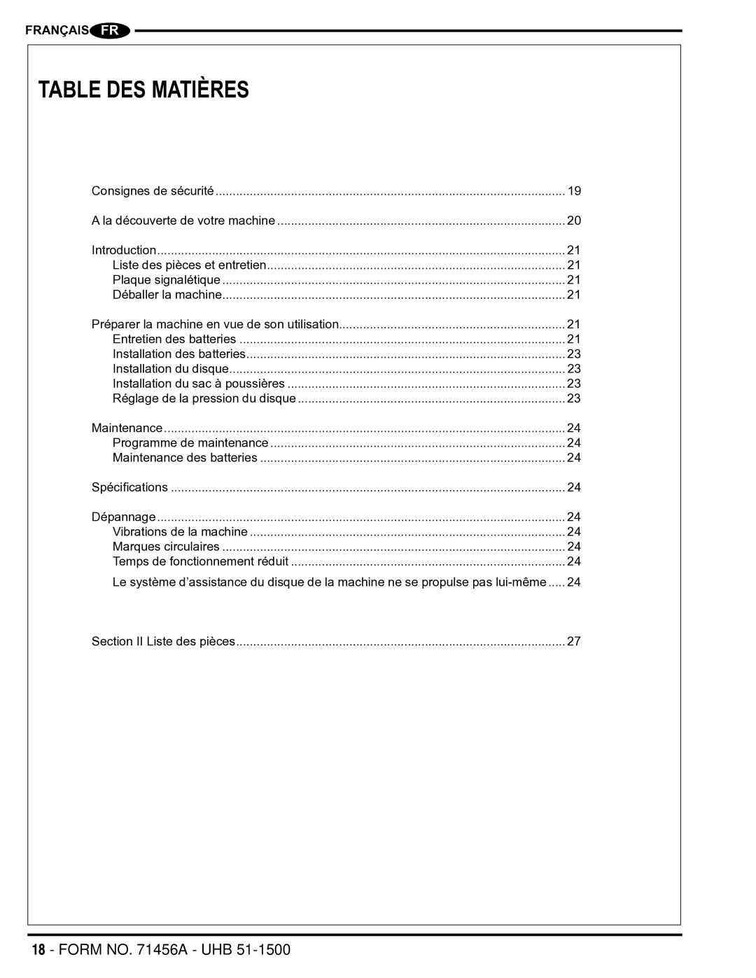 Nilfisk-Advance America 01610A manual Table DES Matières, Programme de maintenance 