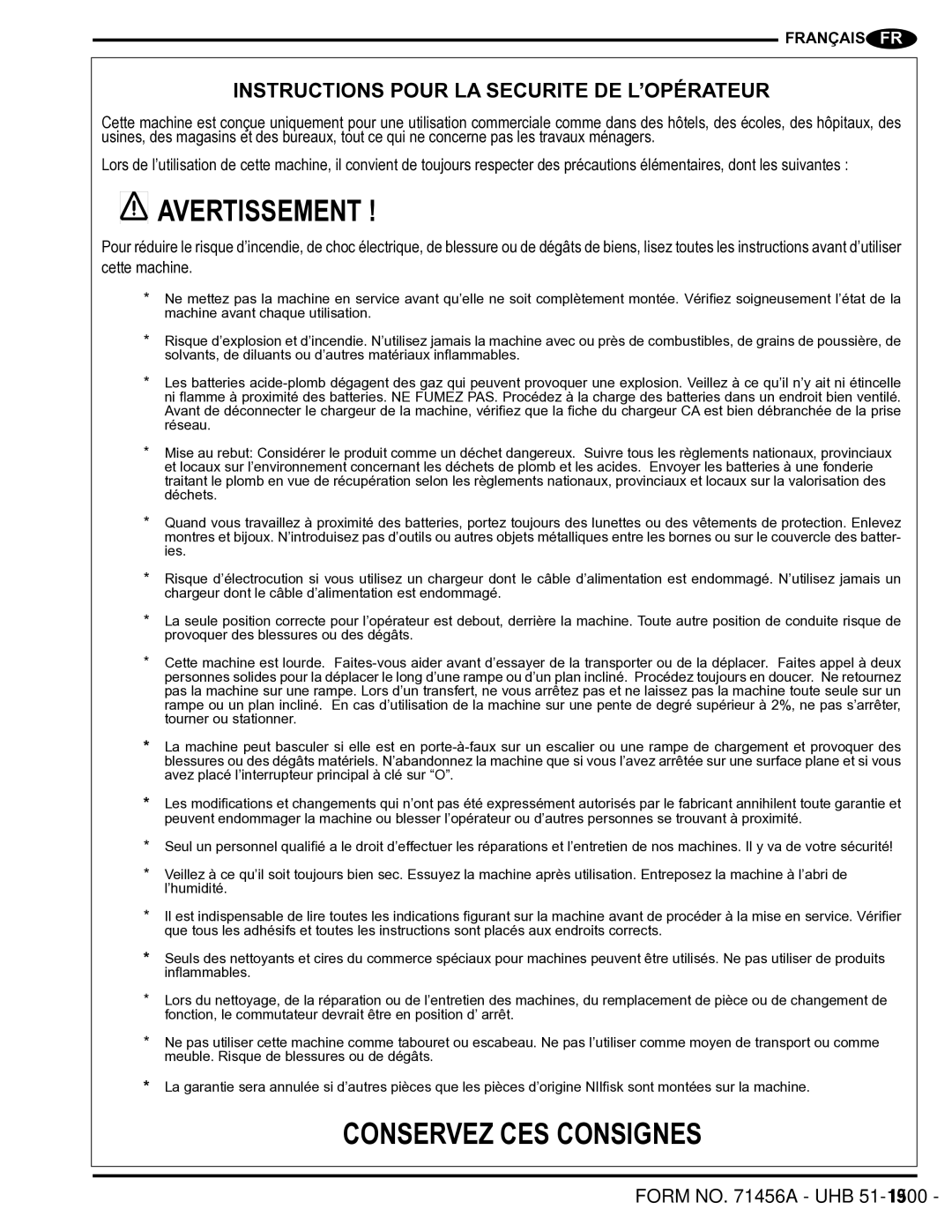 Nilfisk-Advance America 01610A manual Avertissement, Conservez CES Consignes 