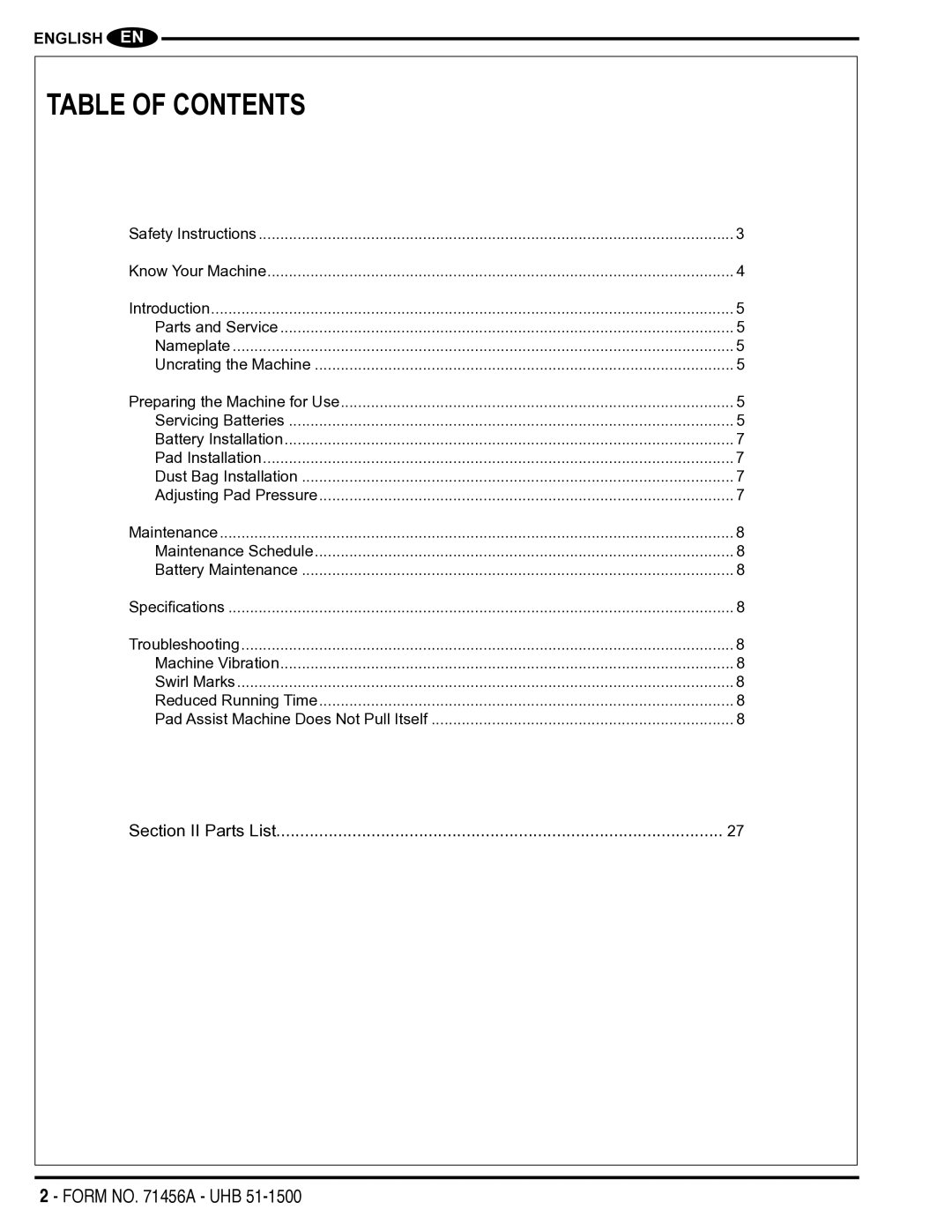 Nilfisk-Advance America 01610A manual Table of Contents 