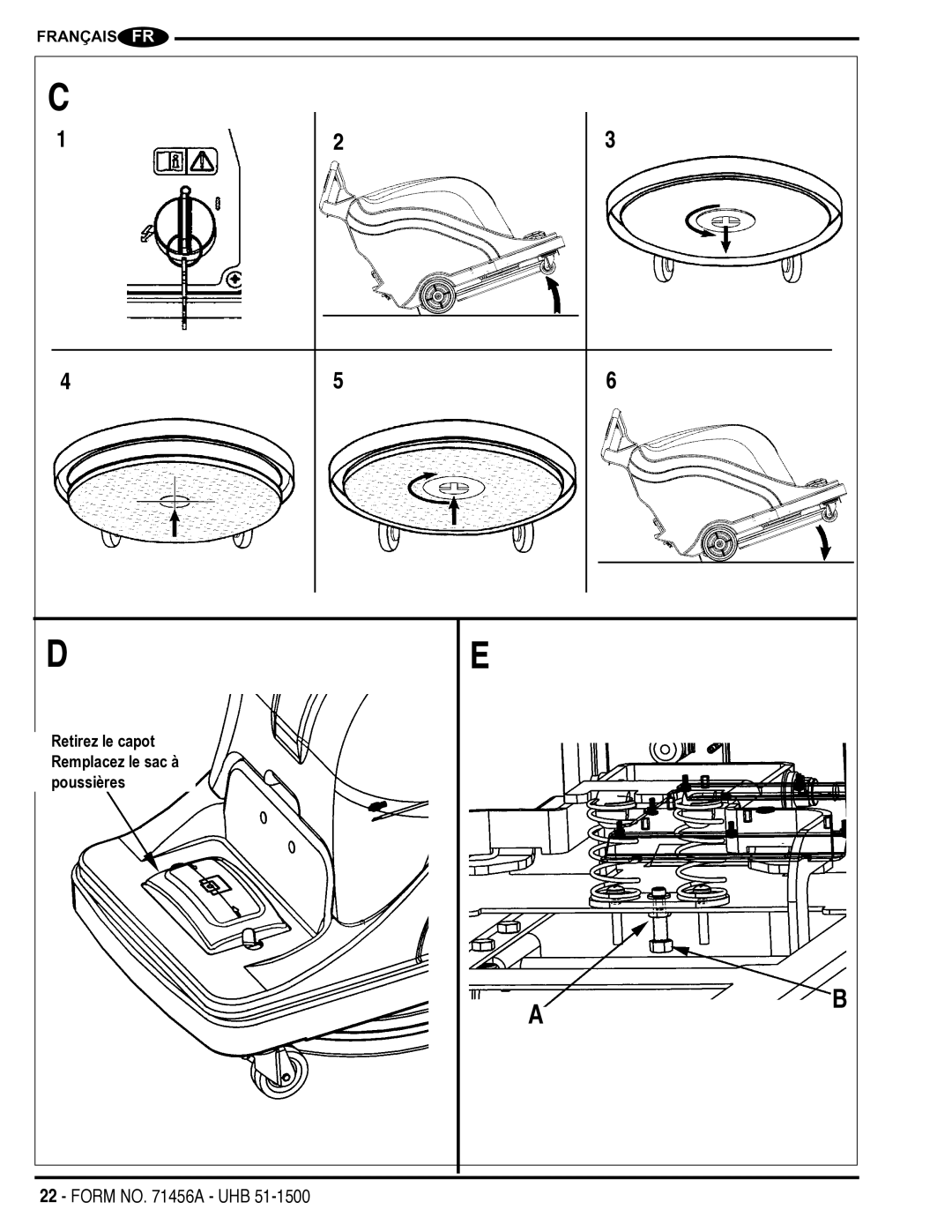 Nilfisk-Advance America 01610A manual Retirez le capot Remplacez le sac à poussières 