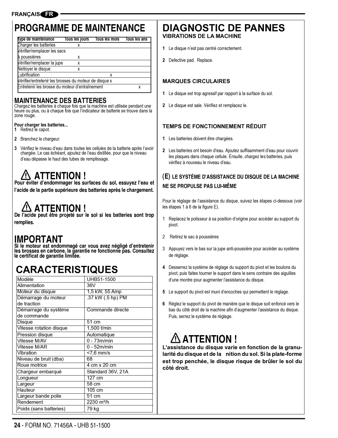 Nilfisk-Advance America 01610A manual Programme DE Maintenance, Maintenance DES Batteries 