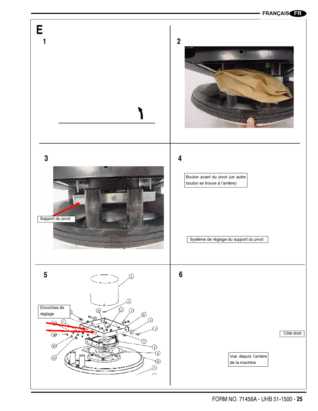 Nilfisk-Advance America 01610A manual Support du pivot Encoches de réglage 