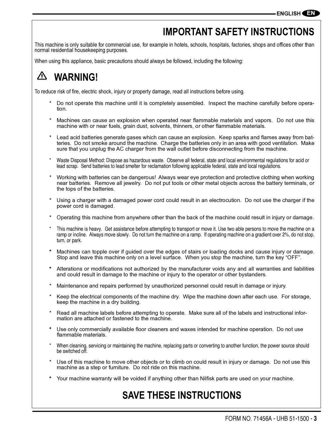 Nilfisk-Advance America 01610A manual Important Safety Instructions 