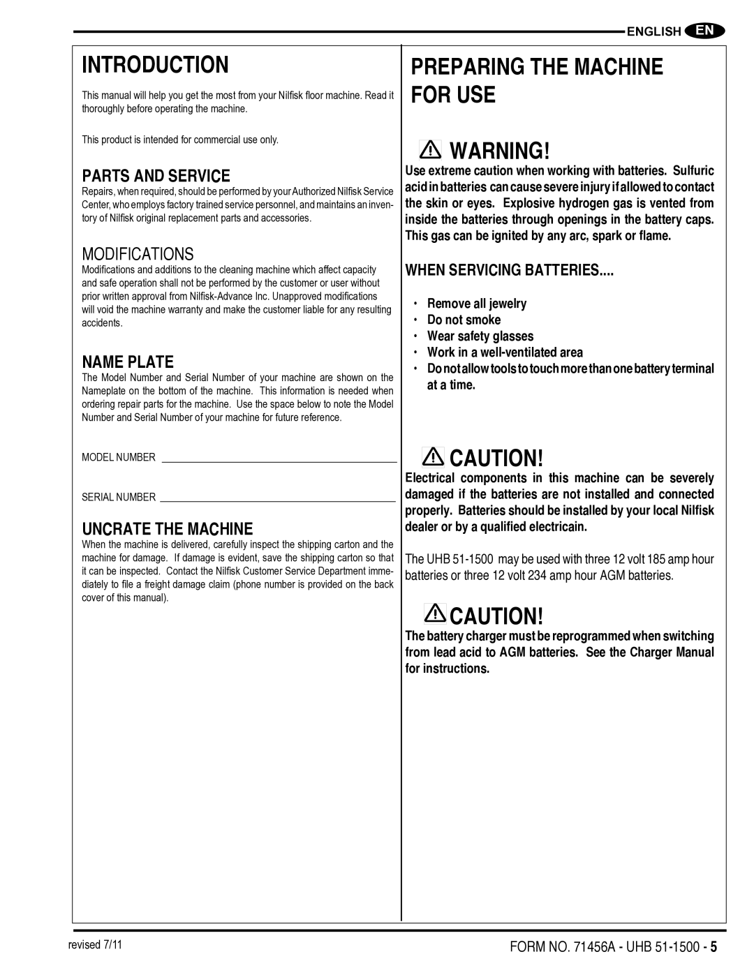 Nilfisk-Advance America 01610A manual Introduction, Preparing the Machine for USE, Modifications 