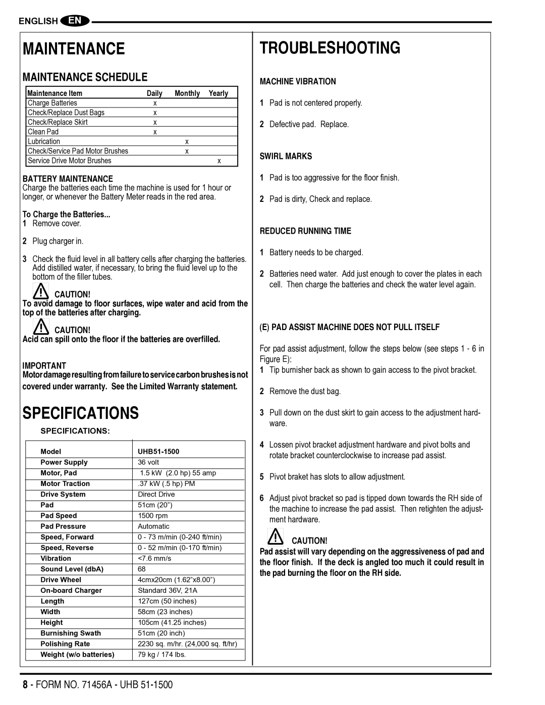 Nilfisk-Advance America 01610A manual Specifications, Troubleshooting, Maintenance Schedule 