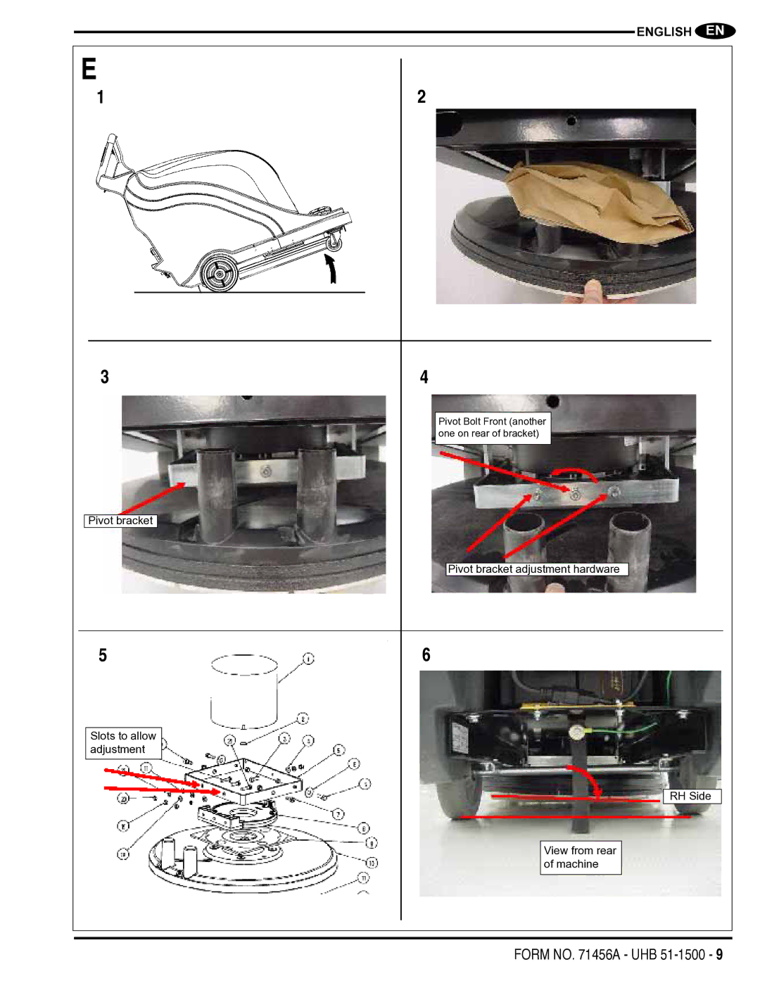 Nilfisk-Advance America 01610A manual Pivot bracket Slots to allow adjustment 