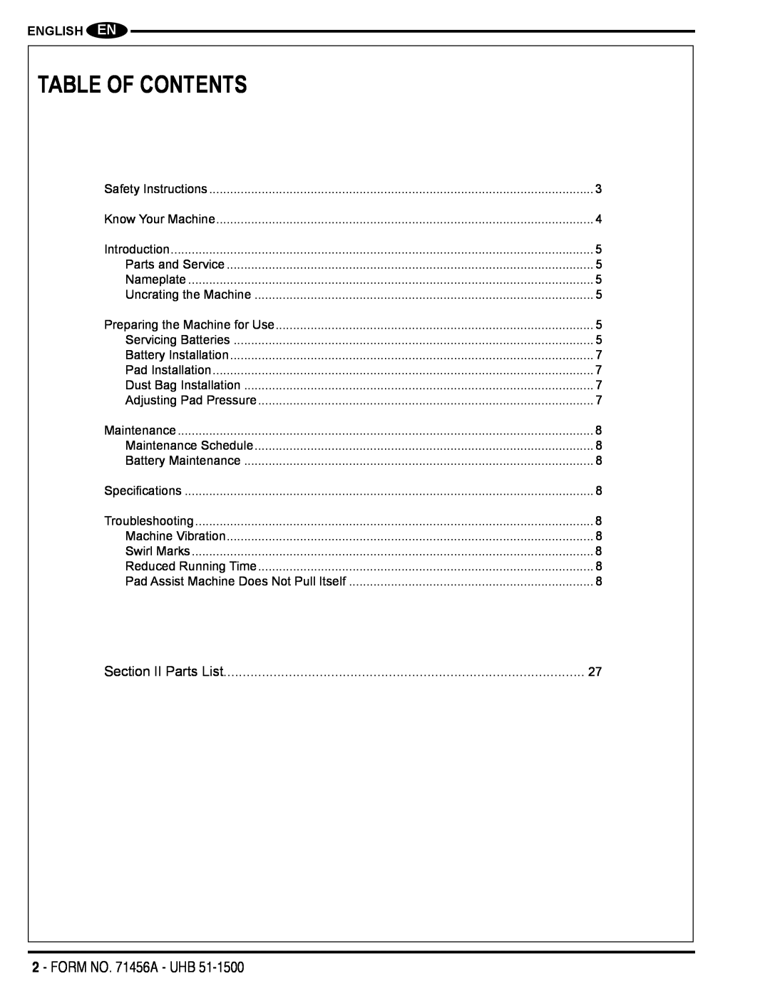 Nilfisk-Advance America 01610A manual Table Of Contents, FORM NO. 71456A - UHB, English En 