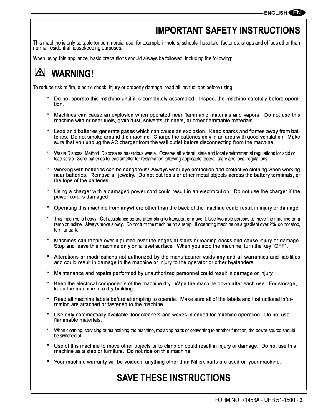 Nilfisk-Advance America 01610A manual Important Safety Instructions, Save These Instructions, FORM NO. 71456A - UHB 