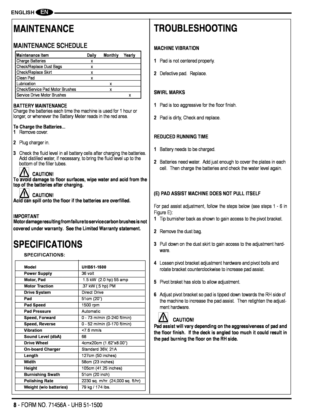 Nilfisk-Advance America 01610A manual Specifications, Troubleshooting, Maintenance Schedule, FORM NO. 71456A - UHB 