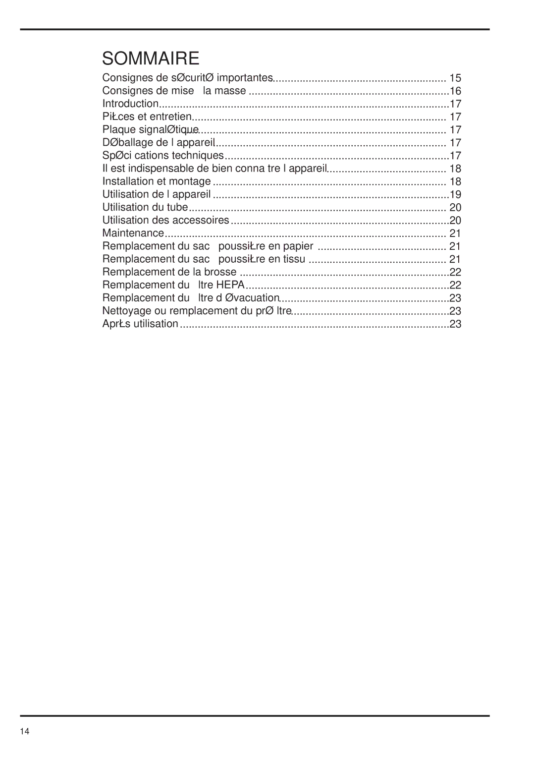 Nilfisk-Advance America 12D, 12P, 12S, 15D, 15P, 18D, 15S manual Sommaire 