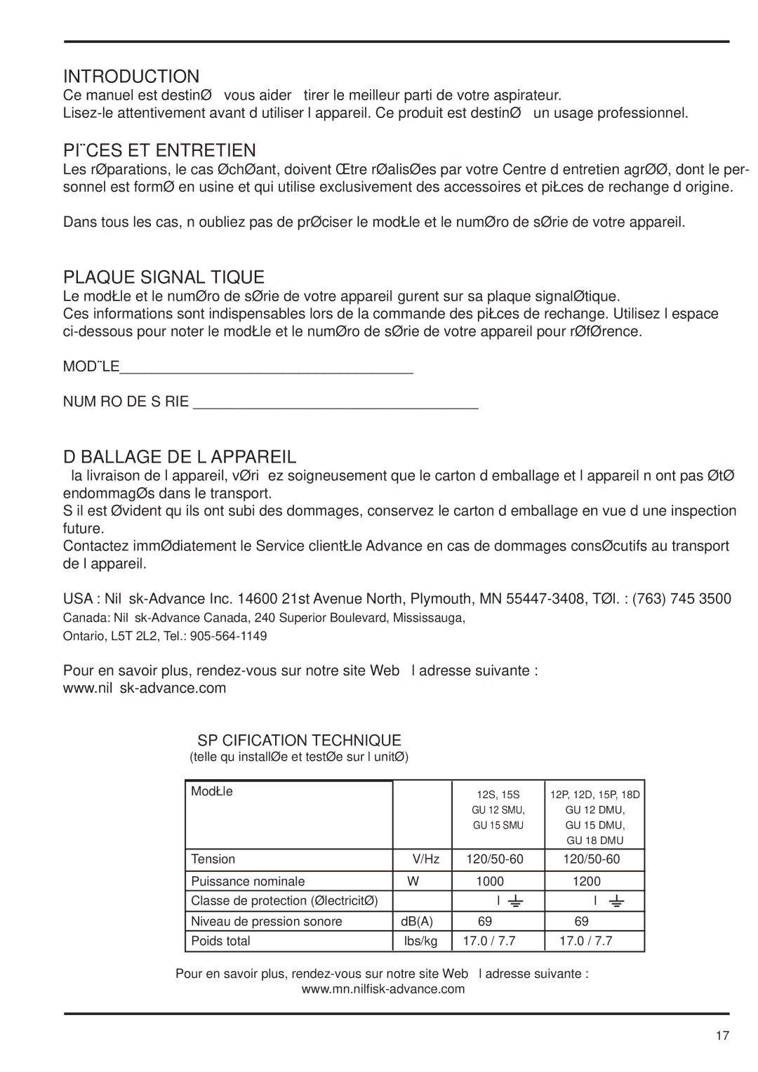 Nilfisk-Advance America 15D, 12D, 12P, 12S Introduction, Pièces ET Entretien, Plaque Signalétique, Déballage DE L’APPAREIL 