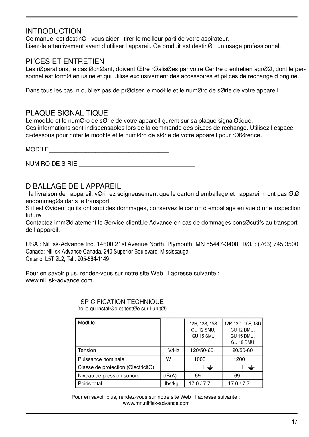 Nilfisk-Advance America 12H manual Introduction, Pièces ET Entretien, Plaque Signalétique, Déballage DE L’APPAREIL 