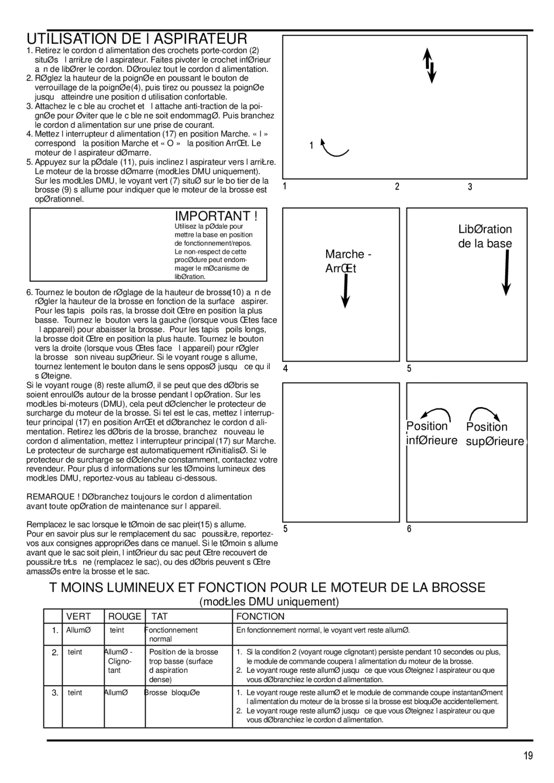 Nilfisk-Advance America 12H manual Utilisation DE l’ASPIRATEUR, Témoins Lumineux ET Fonction Pour LE Moteur DE LA Brosse 