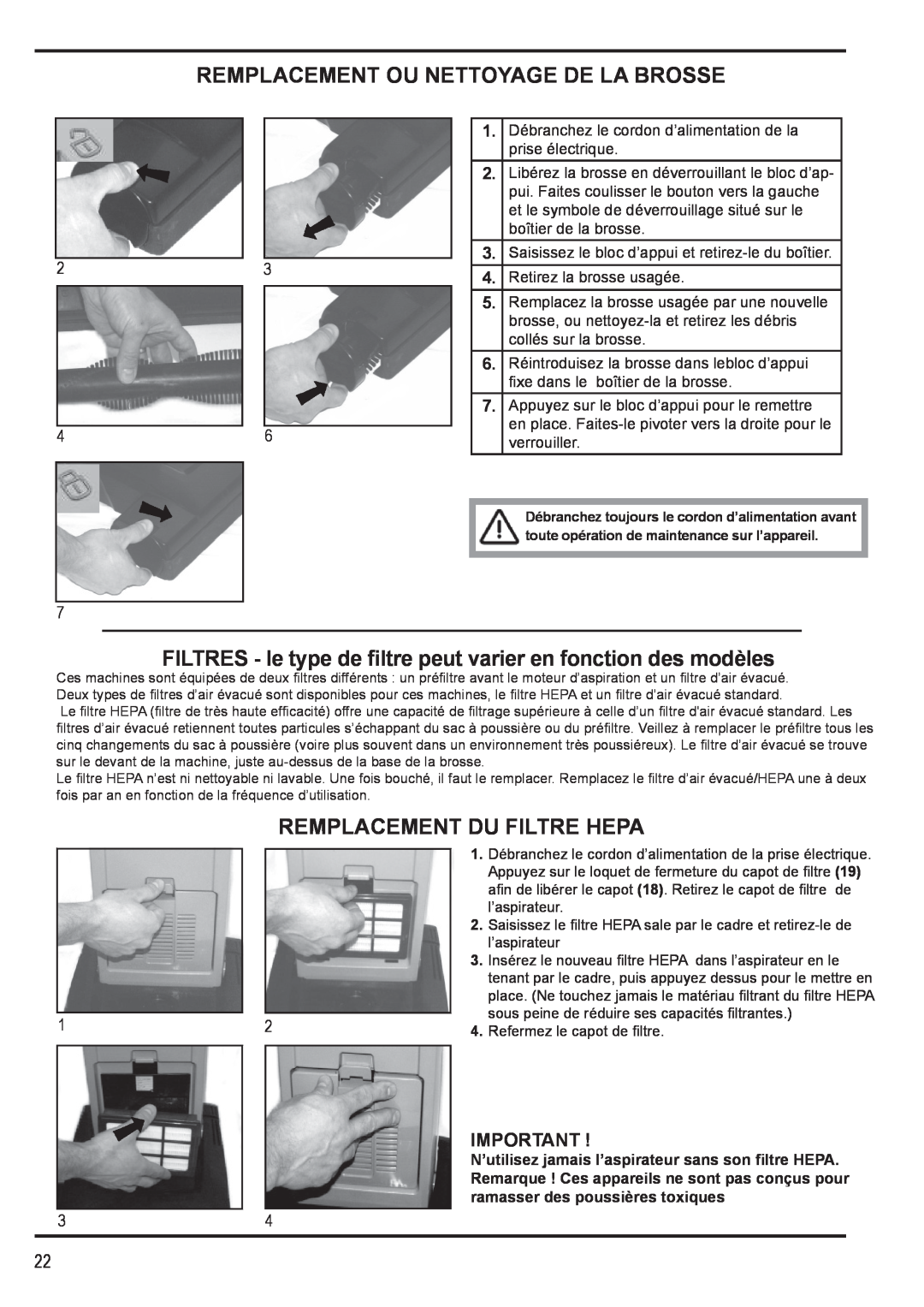 Nilfisk-Advance America 12H manual Remplacement Ou Nettoyage De La Brosse, Remplacement Du Filtre Hepa 